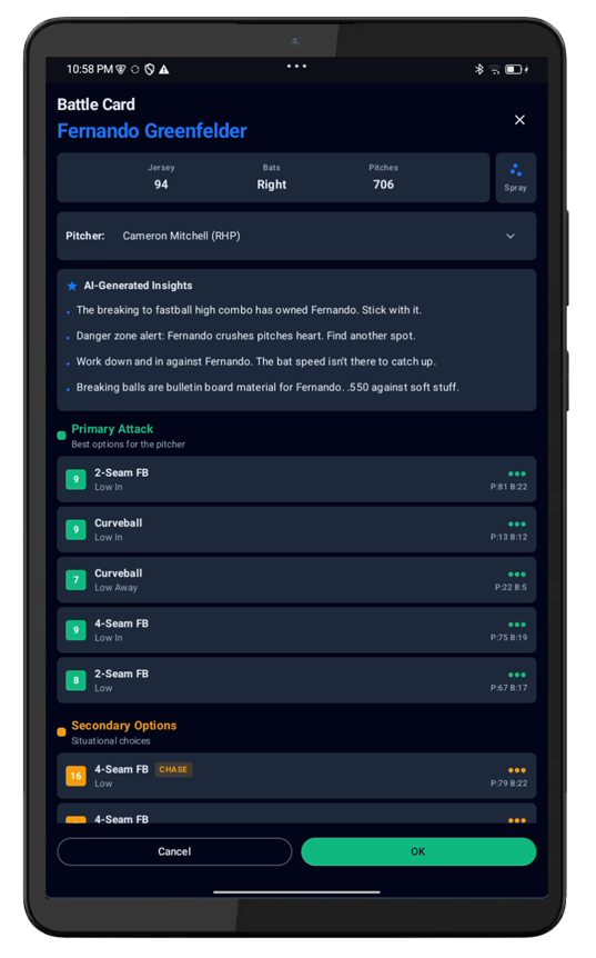 PerfectCall Battle Card — ranked pitch recommendations with zone and confidence data