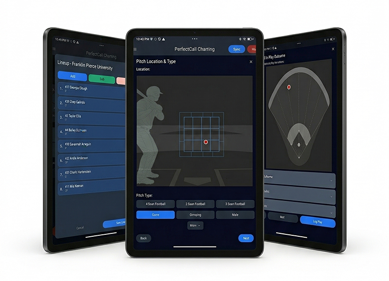 PerfectCall charting screens — pitch location, pitch type, and count views