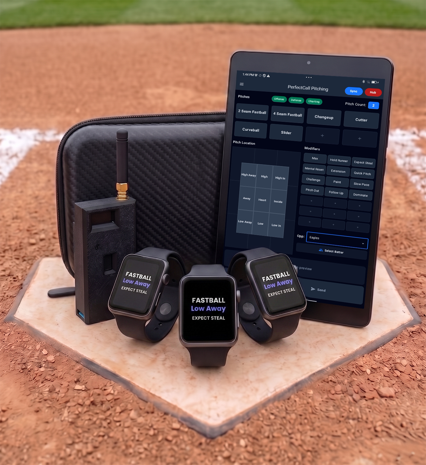PerfectCall Varsity system — coach tablet, Hub radio, player devices, and travel case